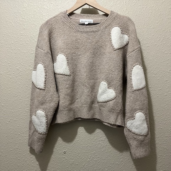 Threaded Leaf Heart Crop Sweater Women L Beige Knit Pullover Crew Neck Stretch - Picture 1 of 6